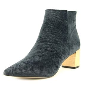 CALVIN KLEIN Narla Blue Velvet Snake Print Booties with Gold Block Heel